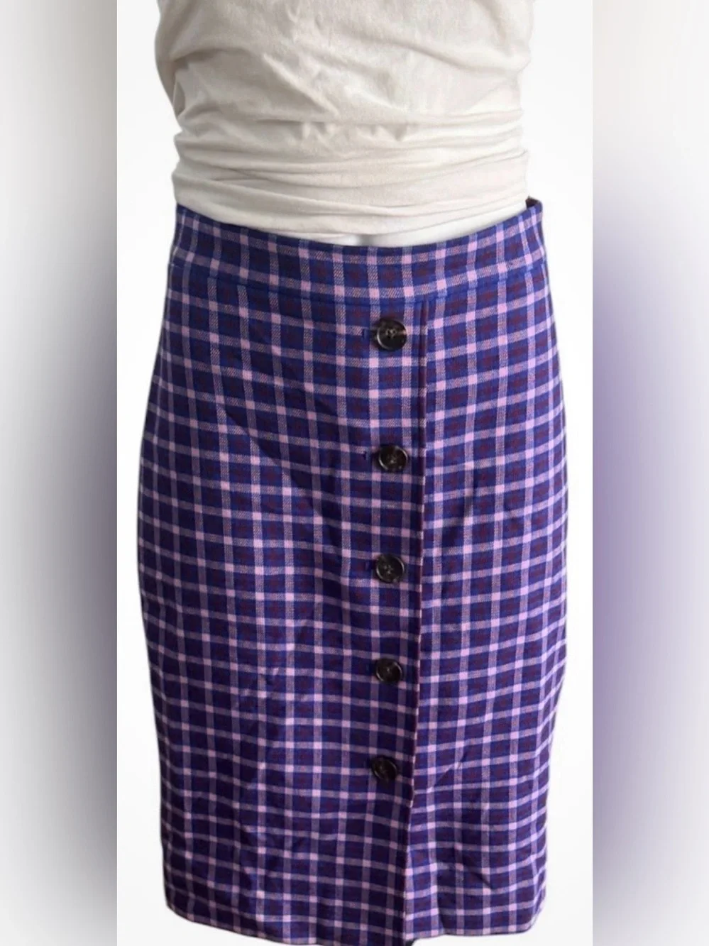 J. Crew Purple Plaid Pencil Skirt with Buttons Size 10